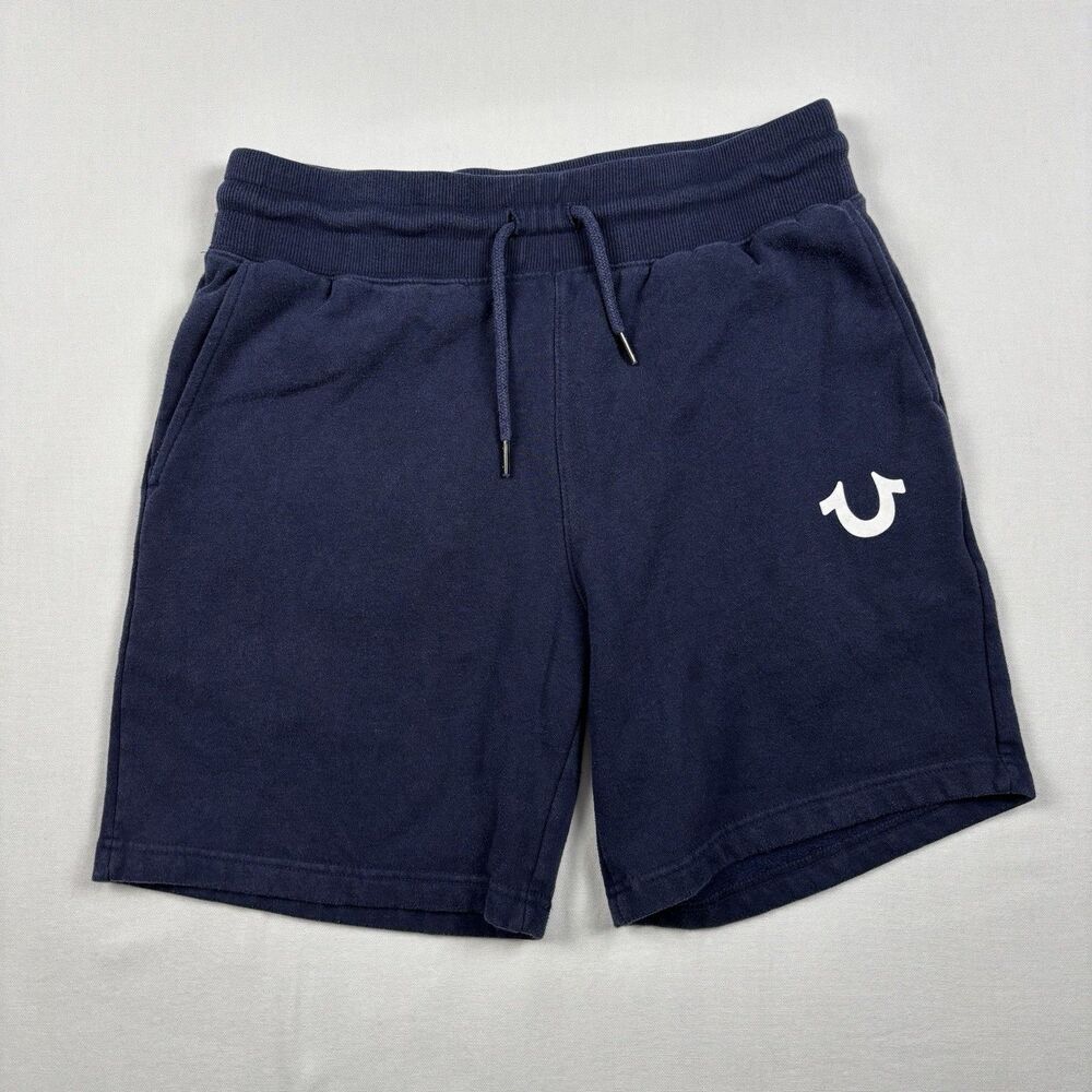 True Religion Frayed Sweat Shorts Navy Mens Size S Horseshoe Logo Drawstring